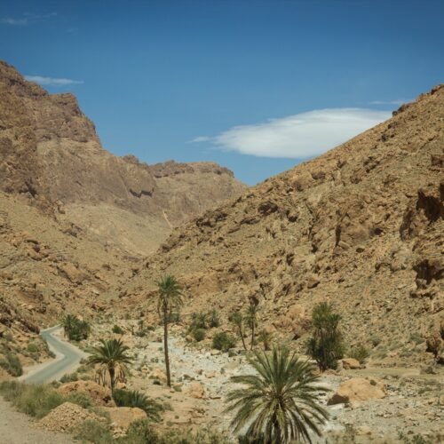 The narrow road running through the base of Todra Gorge between its towering limestone walls, part of the route between Ouarzazate and the Sahara near Merzouga