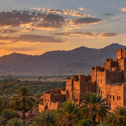 Mud-brick kasbah surrounded by date palms at sunset, with the Atlas Mountains and a green oasis valley in southern Morocco